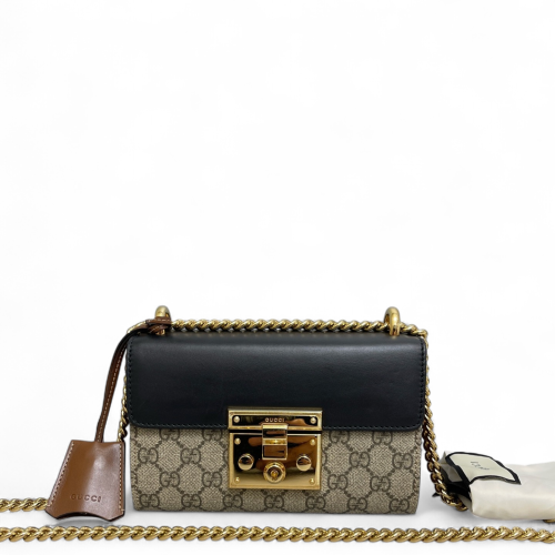 Gucci Small Padlock Shoulder Bag GG Supreme Monogram Black Brown
