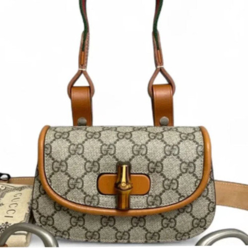 Gucci Bamboo Shoulder Bag GG Supreme Monogram Brown Beige