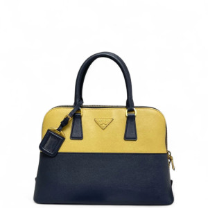 Prada Large Lux Promenade Tote Saffiano Calfskin Yellow Dark Blue