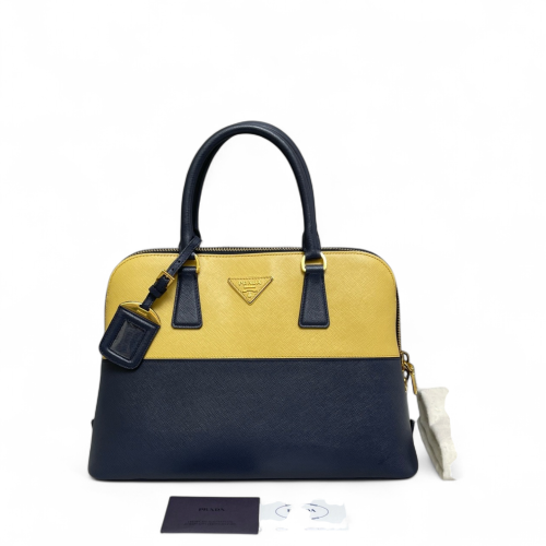 Prada Large Lux Promenade Tote Saffiano Calfskin Yellow Dark Blue