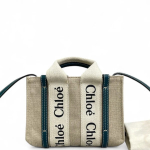 Chloe Mini Woody Ribbon Tote Canvas Calfskin Beige Beige Clair Dark Blue