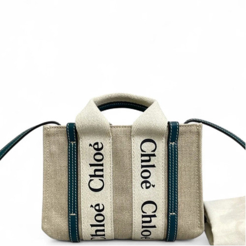 Chloe Mini Woody Ribbon Tote Canvas Calfskin Beige Beige Clair Dark Blue