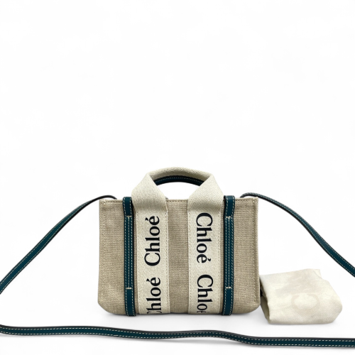 Chloe Mini Woody Ribbon Tote Canvas Calfskin Beige Beige Clair Dark Blue