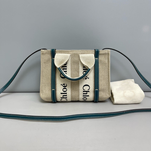 Chloe Mini Woody Ribbon Tote Canvas Calfskin Beige Beige Clair Dark Blue