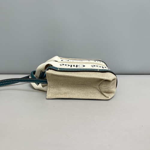 Chloe Mini Woody Ribbon Tote Canvas Calfskin Beige Beige Clair Dark Blue