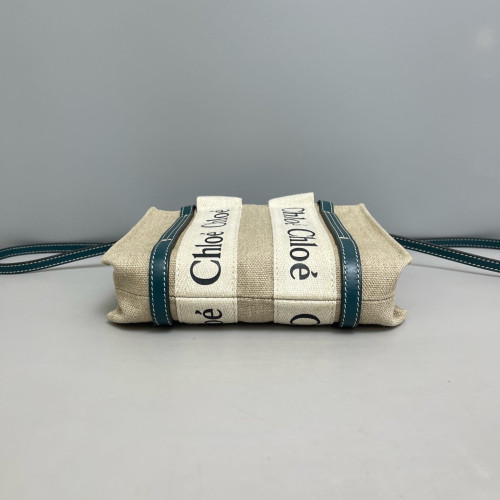 Chloe Mini Woody Ribbon Tote Canvas Calfskin Beige Beige Clair Dark Blue