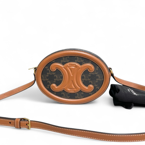 Celine Regular Triomphe Oval Crossbody Bag Triomphe Tan Dark Grey