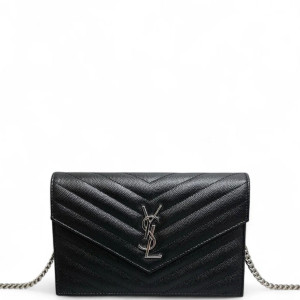 Yves Saint Laurent Small Envelope Chain Wallet Grained Calfskin Black