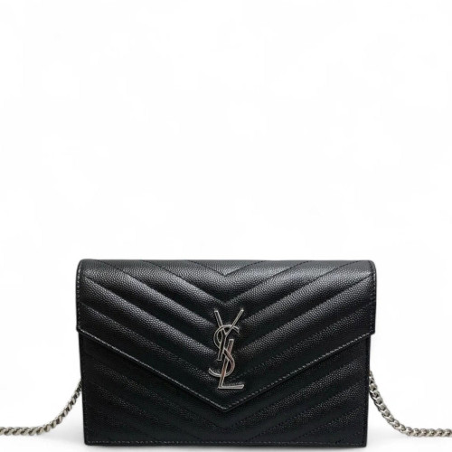 Yves Saint Laurent Small Envelope Chain Wallet Grained Calfskin Black