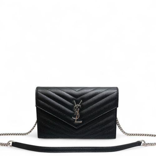 Yves Saint Laurent Small Envelope Chain Wallet Grained Calfskin Black