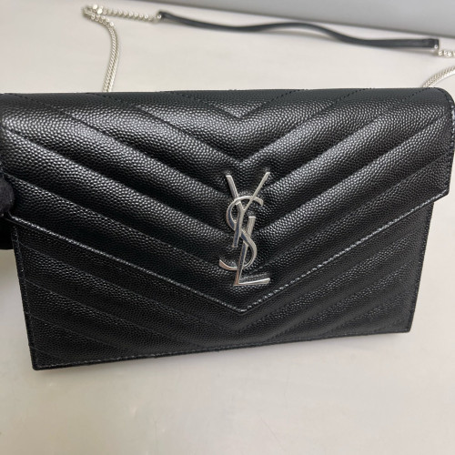 Yves Saint Laurent Small Envelope Chain Wallet Grained Calfskin Black