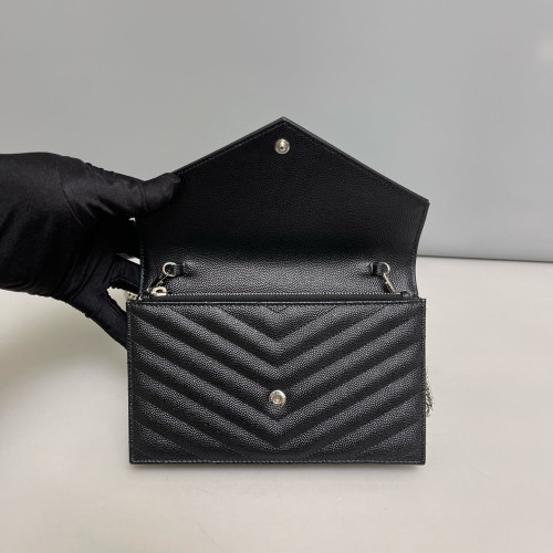 Yves Saint Laurent Small Envelope Chain Wallet Grained Calfskin Black