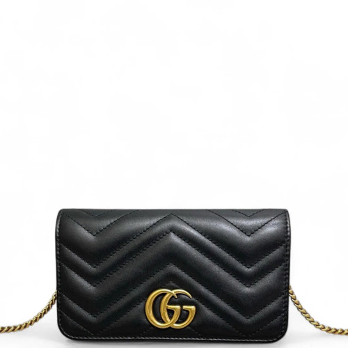 Gucci Chevron GG Marmont Chain Wallet Calfskin Black