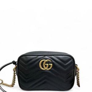 Gucci Chevron Mini GG Marmont Chain Shoulder Bag Calfskin Black
