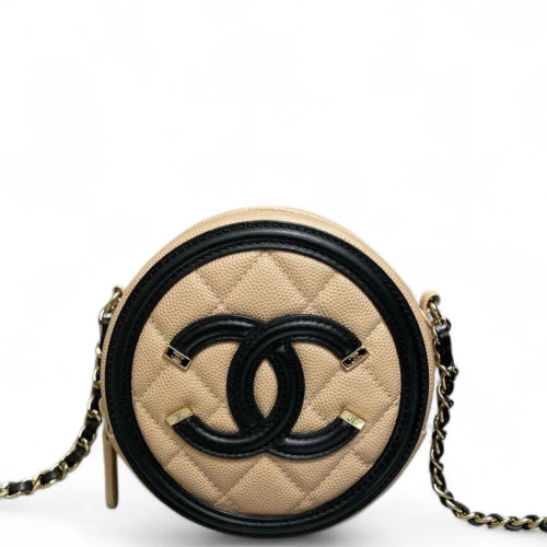 Chanel Quilted Round Filigree Grained Calfskin Natural Tan