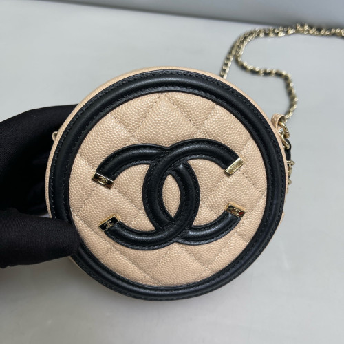 Chanel Quilted Round Filigree Grained Calfskin Natural Tan