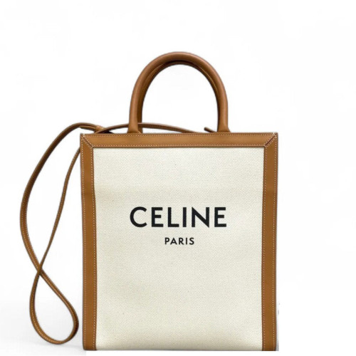 Celine Small Vertical Cabas Canvas Calfskin Tan White