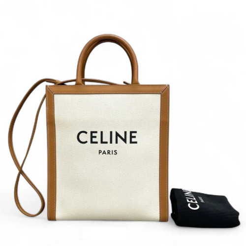 Celine Small Vertical Cabas Canvas Calfskin Tan White