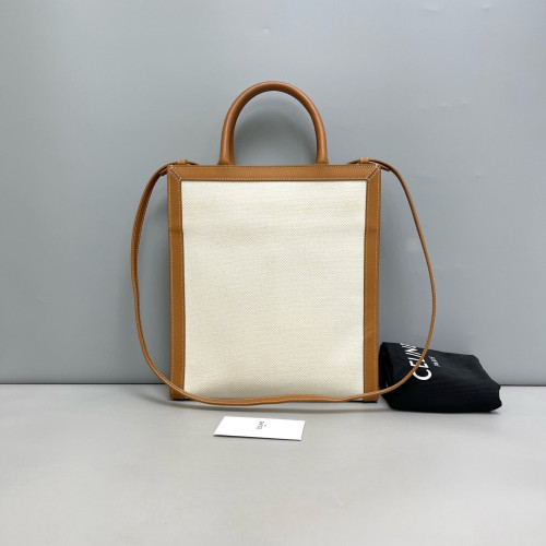 Celine Small Vertical Cabas Canvas Calfskin Tan White