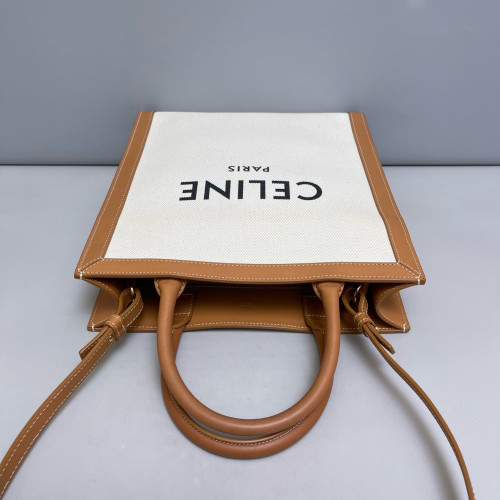 Celine Small Vertical Cabas Canvas Calfskin Tan White