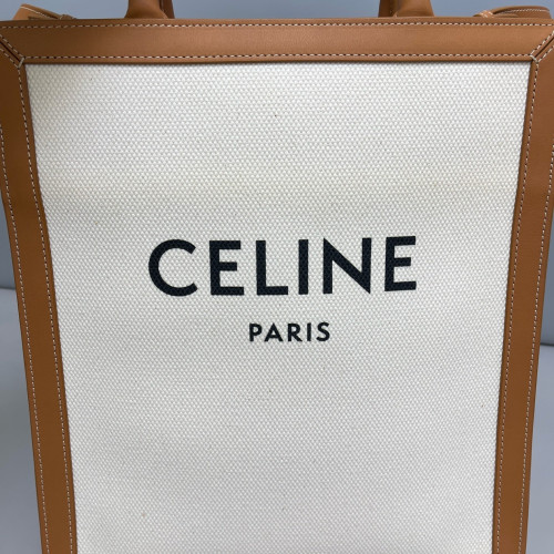 Celine Small Vertical Cabas Canvas Calfskin Tan White