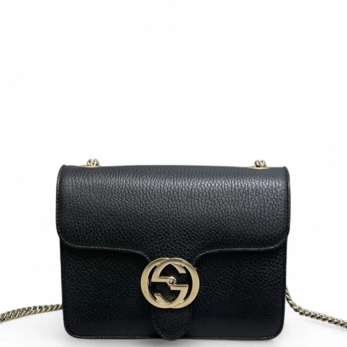 Gucci Small Interlocking G Shoulder Bag Grained Calfskin Black