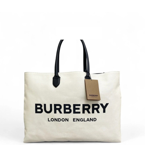 Burberry Tote Bag Canvas Calfskin Ecru Black