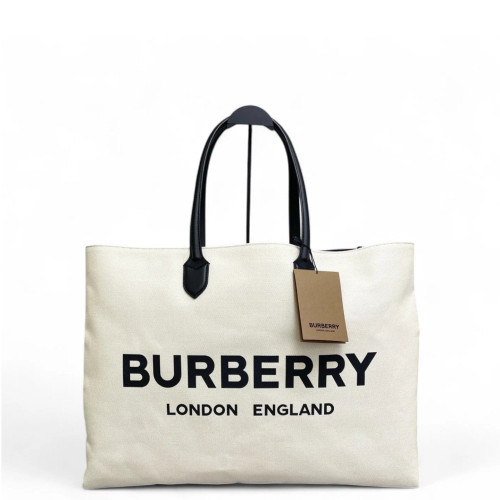 Burberry Tote Bag Canvas Calfskin Ecru Black