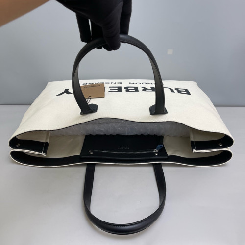 Burberry Tote Bag Canvas Calfskin Ecru Black
