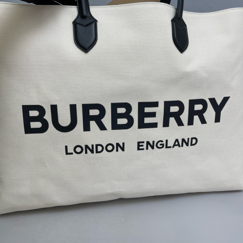 Burberry Tote Bag Canvas Calfskin Ecru Black