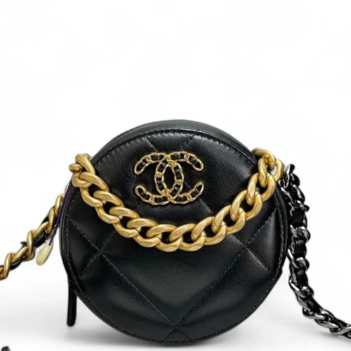 Chanel Quilted 19 Round Clutch With Chain Lambskin Black