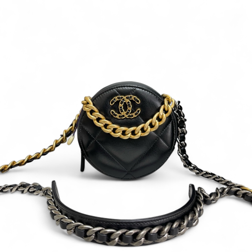 Chanel Quilted 19 Round Clutch With Chain Lambskin Black