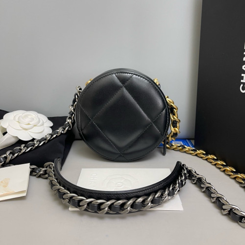 Chanel Quilted 19 Round Clutch With Chain Lambskin Black