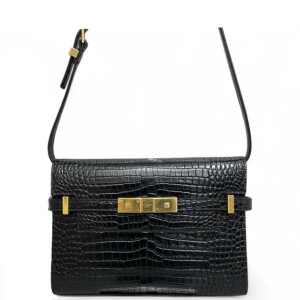 Yves Saint Laurent Small Manhattan Shoulder Bag Calfskin Crocodile Embossed Black
