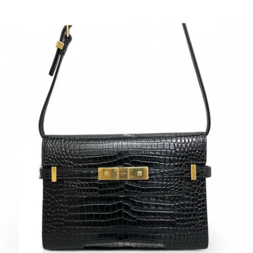 Yves Saint Laurent Small Manhattan Shoulder Bag Calfskin Crocodile Embossed Black Yves Saint Laurent Small Manhattan Shoulder Bag Calfskin Crocodile Embossed Black