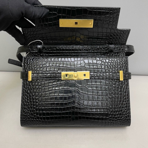 Yves Saint Laurent Small Manhattan Shoulder Bag Calfskin Crocodile Embossed Black Yves Saint Laurent Small Manhattan Shoulder Bag Calfskin Crocodile Embossed Black