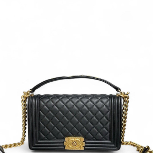 Chanel Quilted Top Handle Medium Boy Flap Calfskin Black