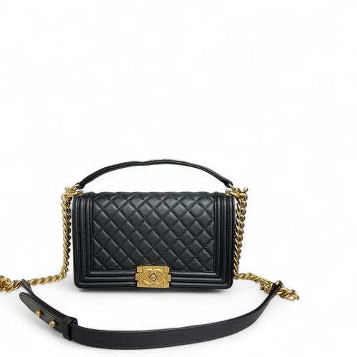 Chanel Quilted Top Handle Medium Boy Flap Calfskin Black
