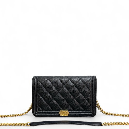 Chanel Quilted Boy Wallet On Chain WOC Grained Calfskin Black
