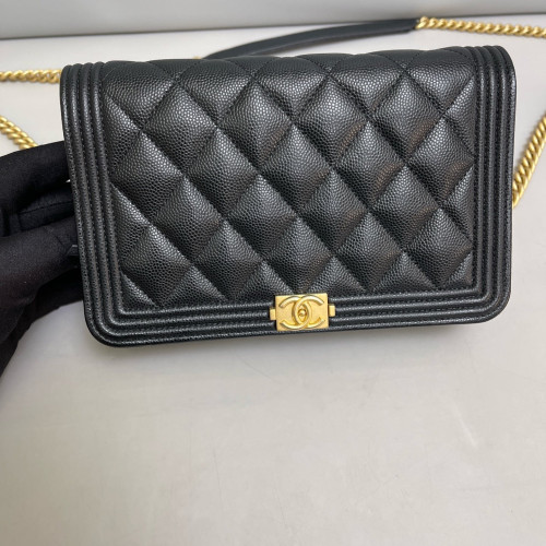 Chanel Quilted Boy Wallet On Chain WOC Grained Calfskin Black