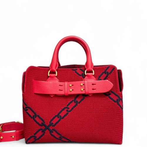 Burberry Belt Tote Fabric Calfskin Red Dark Blue
