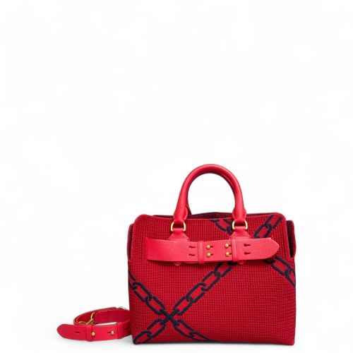 Burberry Belt Tote Fabric Calfskin Red Dark Blue