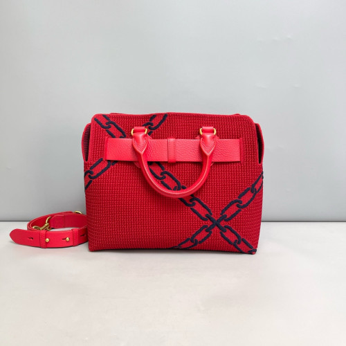 Burberry Belt Tote Fabric Calfskin Red Dark Blue
