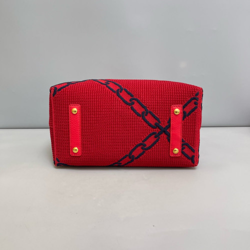 Burberry Belt Tote Fabric Calfskin Red Dark Blue