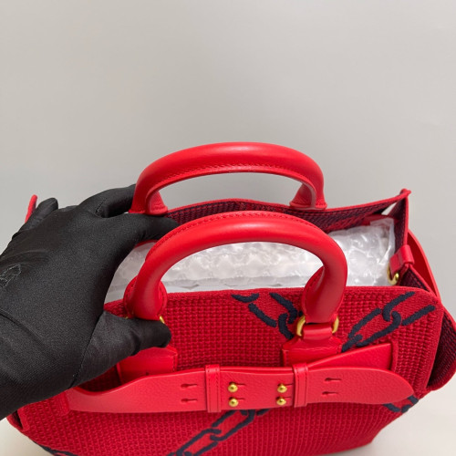 Burberry Belt Tote Fabric Calfskin Red Dark Blue