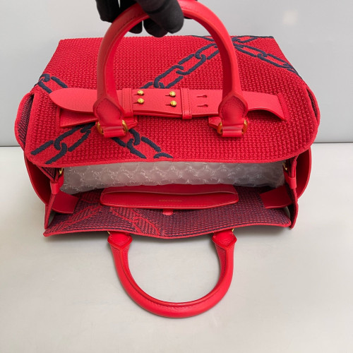 Burberry Belt Tote Fabric Calfskin Red Dark Blue