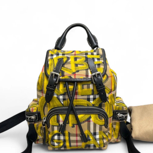 Burberry Graffiti Print Small Rucksack Backpack Canvas Calfskin Beige Yellow Black