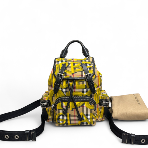 Burberry Graffiti Print Small Rucksack Backpack Canvas Calfskin Beige Yellow Black