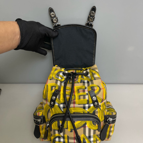 Burberry Graffiti Print Small Rucksack Backpack Canvas Calfskin Beige Yellow Black