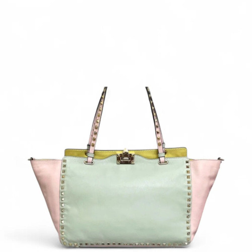 Valentino Rockstud Double Handle Bag Calfskin Light Green Pink Blue